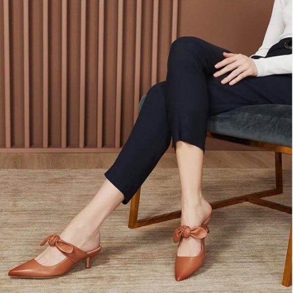 FOWT Nude Burnished Pointed Toe Slip On Mules with Bow, Low Kitten Heel Backless - Picture 1 of 7